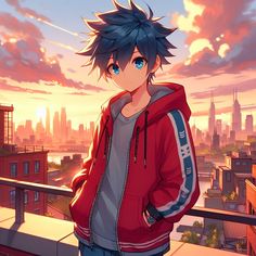 an anime character standing on top of a roof in front of a cityscape