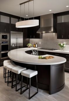 a large kitchen with an island in the middle and stools at the countertop