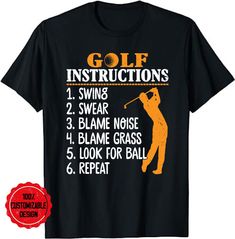 a black shirt with an orange and white graphic saying golf instructions for the golfers