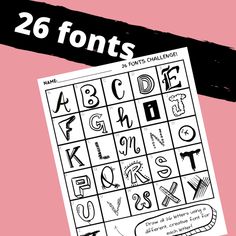 a black and white poster with the words 26 font's on it, in front of a pink background