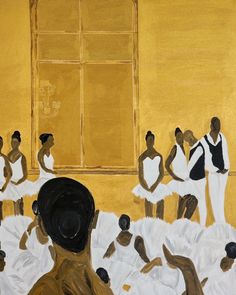 an oil painting of dancers in front of a window with yellow walls and windowsills