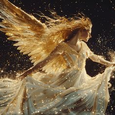 a woman in white dress with gold wings and sparkling lights on her body, holding a wand