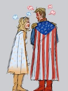 a drawing of two people dressed up as american flags and one is wearing a cape