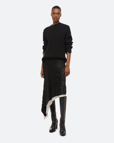 Helmut Lang Hole-Punched Scarf Hem Skirt |HELMUTLANG.COM Garment Manufacturing, Denim T Shirt, Denim Outerwear, Hem Skirt, Back Women, Layered Skirt, Short Coat, Dress Pant, Outerwear Sweater