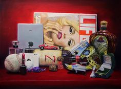 a painting of a woman's face surrounded by assorted items including an apple, liquor bottle and baseball