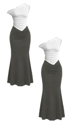 a woman's black and white dress with one shoulder draped over the other,