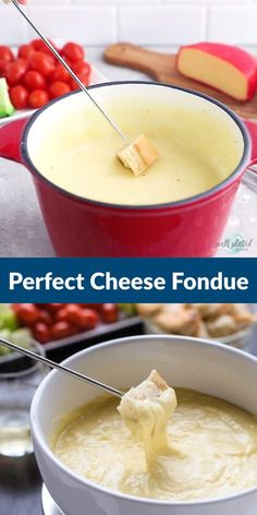 a bowl of cheese fondue with a spoon in it