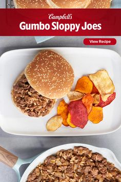 two plates with hamburgers and other food on them, one is filled with chips