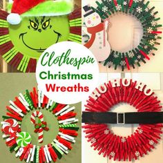 christmas wreaths made out of toothpick sticks and other items with the words, clothespin christmas wreaths