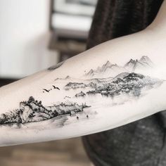 Korean Tattoo Master Files Detailed Mountain Tattoo, City Mountain Tattoo, Asian Mountain Tattoo, Chinese Landscape Tattoo, Outdoor Tattoos For Men, Realism Mountain Tattoo, Hannah Tattoo, Bicep Tattoo Women, Tattoo Over Scar