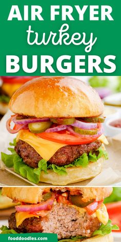 an air fryer turkey burger with lettuce, tomato and cheese on it