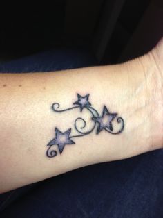 a small wrist tattoo with stars and swirls on the middle of its left arm