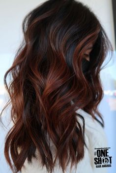 Brown Balayage With Copper Tones, Dark Brown To Cowboy Copper, Dark Hair With Reddish Highlights, Red Maroon Hair Burgundy, Navy Ball Hairstyles, Brown Hair Color With Red Highlights, Raspberry Brunette Hair, Red Balayage On Black Hair Indian, Copper On Dark Brown Hair