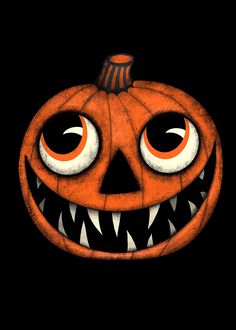 an orange pumpkin with big eyes and fangs on it's face, in front of a black background