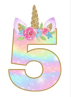 the number five is decorated with flowers and unicorn ears