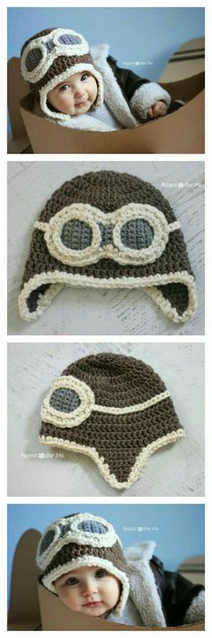 crocheted star wars hat with goggles and eye glasses is shown in three different views