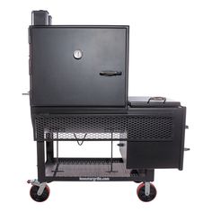 an outdoor bbq grill with wheels is shown on a white background and has the door open