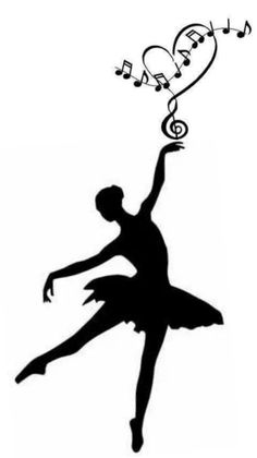 a black and white silhouette of a ballerina with musical notes coming out of her head