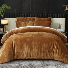 PRICES MAY VARY. 【Luxury Velvet Comforter Set】The front side of the velvet comforter is made of 100% high quality luxe, textured velvet, the reverse side is made of 100% super soft brushed microfiber fabric. The fill is made of light weight down alternative polyester, which features fluffy feel, better warmth, softness and breathability, experience heavenly sleep with the warm comforter that wraps you in a fluffy cocoon, offering the same comfort as sleeping among the clouds, create a cozy and luxurious bedtime. 【5 Pieces Queen Comforter Set】Our crushed velvet comforter set for queen size bed includes 1 queen velvet comforter 90 inch (W) x 90 inch (L), 2 queen velvet pillow shams 20 inch x 26 inch with 2 inch flange, and 2 velvet euro shams 26 inch x 26 inch with 2 inch flange. 【Elegant Ve Velvet Comforter Bedroom Ideas, Rust Colored Bedding, Dark Cozy Bedroom Bohemian, Comforter Amazon, Mustard Yellow Bedding, Big Comfy Bed, Gold Comforter Set, Gold Comforter, Dark Cozy Bedroom