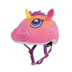 a helmet with a pink unicorn face and yellow horn on the top, is shown in front of a white background