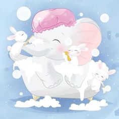 an elephant sitting on top of a bathtub with two little lambs next to it