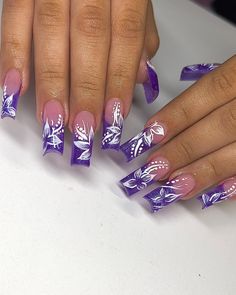 2000 Nails, 2000s Nails, Dark Spring, Purple Glitter Nails, Nails Dark, Purple Acrylic Nails, Curved Nails, Purple Nail Designs, Girly Acrylic Nails