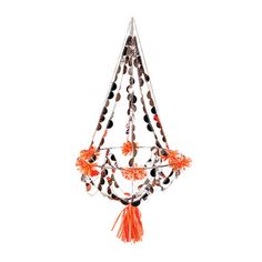 an orange chandelier with beads and tassels hanging from it's sides