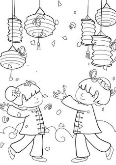 two children are playing with lanterns in the rain coloring page for kids to print and color