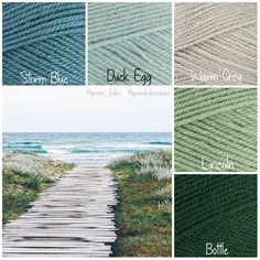 four different colors of yarn on a wooden walkway near the ocean and beach with text that reads storm blue, duck egg, lincoln grey