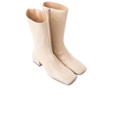 Detail(s): Square Toe 1.75'' Heel Medial Side Zip Closure 13'' Calf Circumference  Material(s):  Leather Upper  Leather Lining  Handmade in Spain Color(s):  Cream Low Heeled Boots, Boots Cream, Cream Boots, Low Heel Boots, Low Heels, Side Zip, Heeled Boots, Leather Upper, Ankle Boot