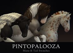 three horses standing next to each other in front of a black background with the words pinotalooza mare and tail swatches