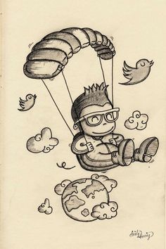 a drawing of a man flying through the air with a parachute and bird on his back