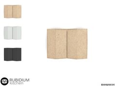 four different colors of cardboard are shown in this graphic design guide for the rubium kitchen