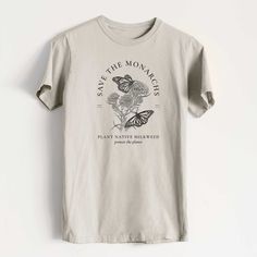 Save the Monarchs - Plant Native Milkweed - Heavyweight Men's 100% Org - Because Tees Organic Cotton Crew Neck T-shirt, Soft-washed Organic Cotton T-shirt, Eco-friendly Graphic Cotton T-shirt, Eco-friendly Relaxed Fit Crew Neck Top, Eco-friendly Graphic Tee In Cotton, Organic Cotton Crew Neck Tops, Eco-friendly Organic Cotton Crew Neck Top, Eco-friendly Cotton Tops For Everyday, Eco-friendly Ink Relaxed Fit Crew Neck T-shirt