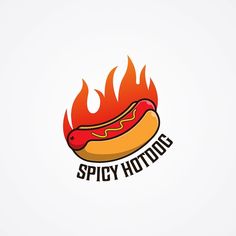 a hot dog on fire with the words spicy hotdog