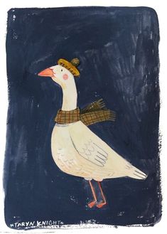 a painting of a duck wearing a hat, scarf and boots with a blue background