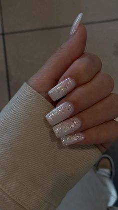 White Sparkly Nails, Sparkly Acrylic Nails, Dance Nails, Hoco Nails, Glitter Nails Acrylic, Milky Nails, Sparkly Nails, Homecoming Nails