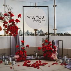 red flowers are on display in front of a sign that says will you marry me?