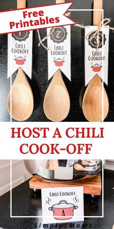 three wooden spoons are sitting on top of a table with the words host a chili cook - off