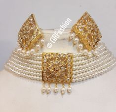 Beautiful high quality gold plated pearl and Polki semi precious stone Jadau choker set with earrings. Perfect for wedding and parties. Feel free to msg me Please like and check my Facebook page for everyday jewelry updates www.facebook.com/GRFashion1 https://www.facebook.com/groups/716870102034581/?ref=share Punjabi Bridal Jewelry, Jadau Choker Set, Jadau Choker, Hyderabadi Jewelry, Unique Gold Jewelry Designs, Bridal Jewelry Sets Brides, Bridal Necklace Designs, New Gold Jewellery Designs, Bridal Jewelry Vintage