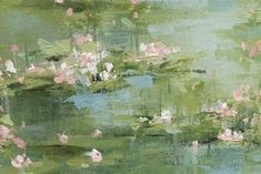 a painting of water lillies and pink flowers on a green pond with lily pads