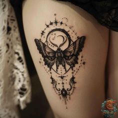 Featuring a delicate moth and crescent moon, this tattoo is ideal for anyone seeking a dark feminine touch to their half sleeve or forearm tattoos. Visit inktat2.com for more inspiration. Dark Fantasy Tattoo Ideas, Tattoos Gothic, Dark Feminine Tattoos, The Dark Feminine, Tattoos 2023, Moth Tattoo Design, Tarot Tattoo, Tattoo Themes, Fantasy Tattoos