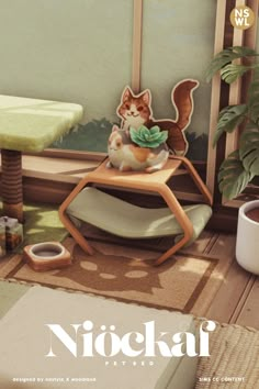 a magazine cover with a cat sitting on a chair next to a potted plant