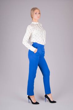 "Details Details: This beautiful pants are very comfortable and elegant suitable for business. It's used high quality materials for manufacturing them. They are straight leg pattern. You can wear them them in different occasions formal or casual. Classic Line trousers. Elegant style, suitable for any type figure. Pockets, with zip fastening on the back. It's part of the collection \"Face Off\". Made with a lot of attention and love in our Bulgarianian design studio. Fabric & Color: Wool I Ac High Waisted Pants Outfit Casual, Office Clothing, Trousers High Waisted, High Waisted Pants Outfit, Business Clothing, Formal Clothing, Pants Outfit Casual, Pants High Waisted, Classic Pants