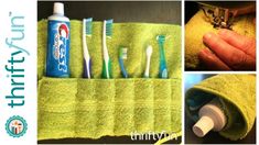 there is a collage of pictures with toothbrushes in the holder and on the towel