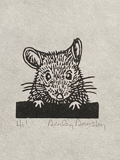 an ink drawing of a mouse on a piece of paper