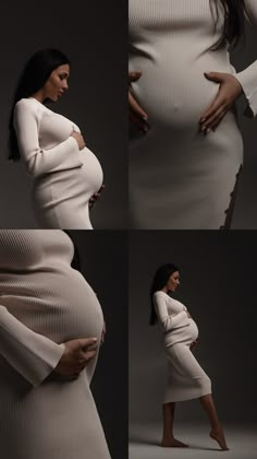 a pregnant woman in white dress posing for the camera with her hands on her stomach