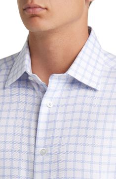 A small, pale check neatly patterns a dress shirt tailored from soft cotton that polishes a casual look and relaxes any formal outfit. Spread collar Rounded, adjustable button cuffs 100% cotton Machine wash, line dry Imported Elegant Plaid Shirt For Business Casual, Elegant Plaid Dress Shirt For Formal Occasions, Elegant Plaid Formal Shirt, Elegant Formal Plaid Shirt, Casual Plaid Dress Shirt For Business, Elegant Plaid Long Sleeve Dress Shirt, Elegant Long Sleeve Plaid Dress Shirt, Business Casual Plaid Shirt With Spread Collar, Plaid Spread Collar Shirt For Business Casual