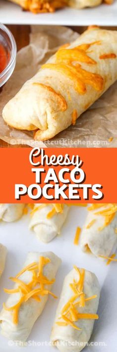 cheesy taco pockets with cheese on top and in the middle, ready to be eaten