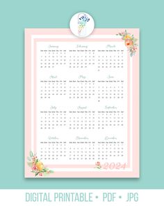 2024 Yearly Calendar Printable. See the year at glance with this one page 2024 yearly calendar. Plan out or track your daily goals. Tracker Free, Monthly Newsletter, Daily Goals, Calendar Printable